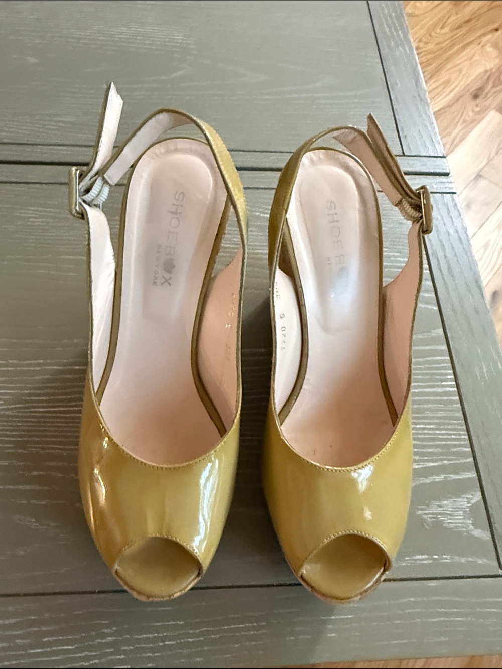 ShoeBox New York Yellow Patent Slingback Peep-Toe Pumps